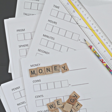 Load image into Gallery viewer, Math, Money, Time, & Shapes Scrabble Math Pack