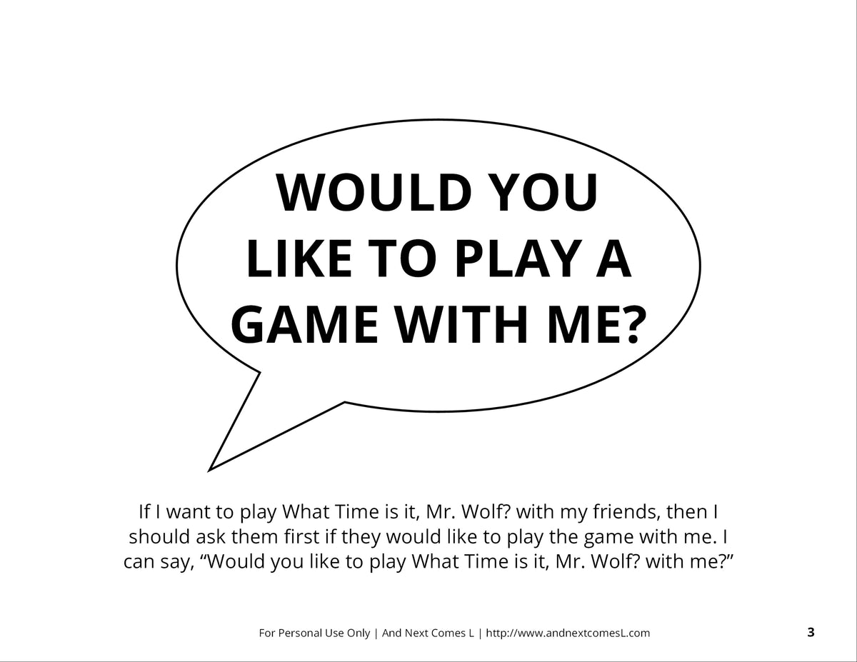 Playing What Time is it, Mr. Wolf? Social Story – And Next Comes L