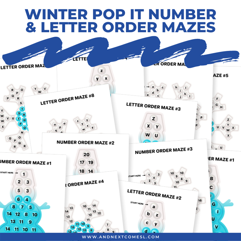 Winter Pop it Number & Letter Order Mazes